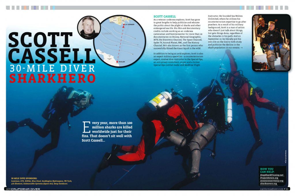 Large underwater photo of Scott Cassell on 30 Mile Dive attempt - California Diver Magazine, Nov-Dec 2011 issue