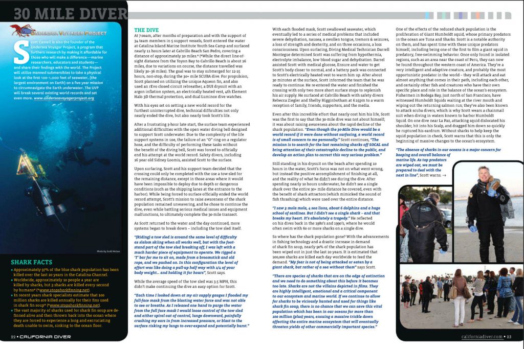 Left underwater photo of Scott Cassell on 30 Mile Dive attempt - California Diver Magazine, Nov-Dec 2011 issue