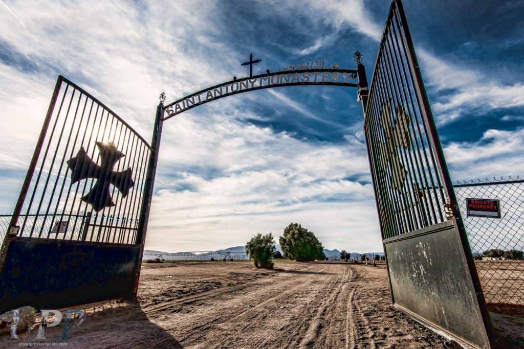 The intimidating gates at the entrance to St Antony's Coptic Monastery in Newberry Springs, CA.