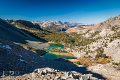 Duck Lake Pass view of Barney Lake and Mammoth Mountain, CA